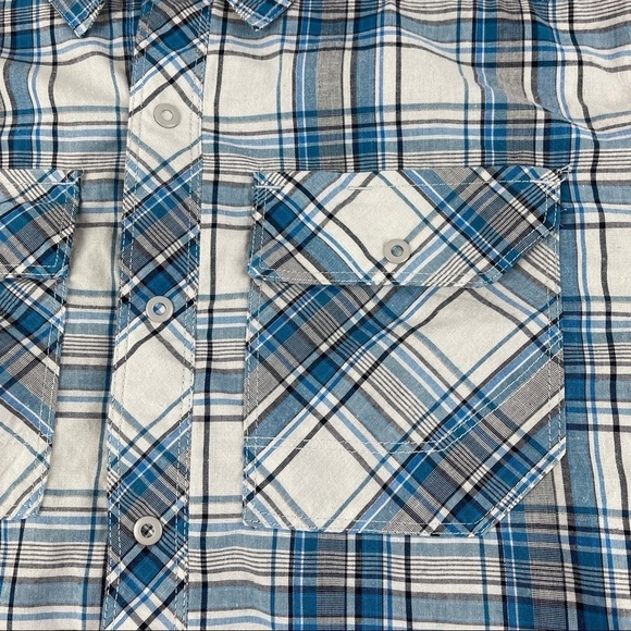 The North Face Button Up Shirt Mens Medium Blue Plaid Snap Pockets Short Sleeve - Picture 4 of 8